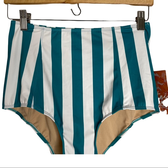 Kortni High Waisted Teal White Stripe Swim Bottom - Picture 2 of 5